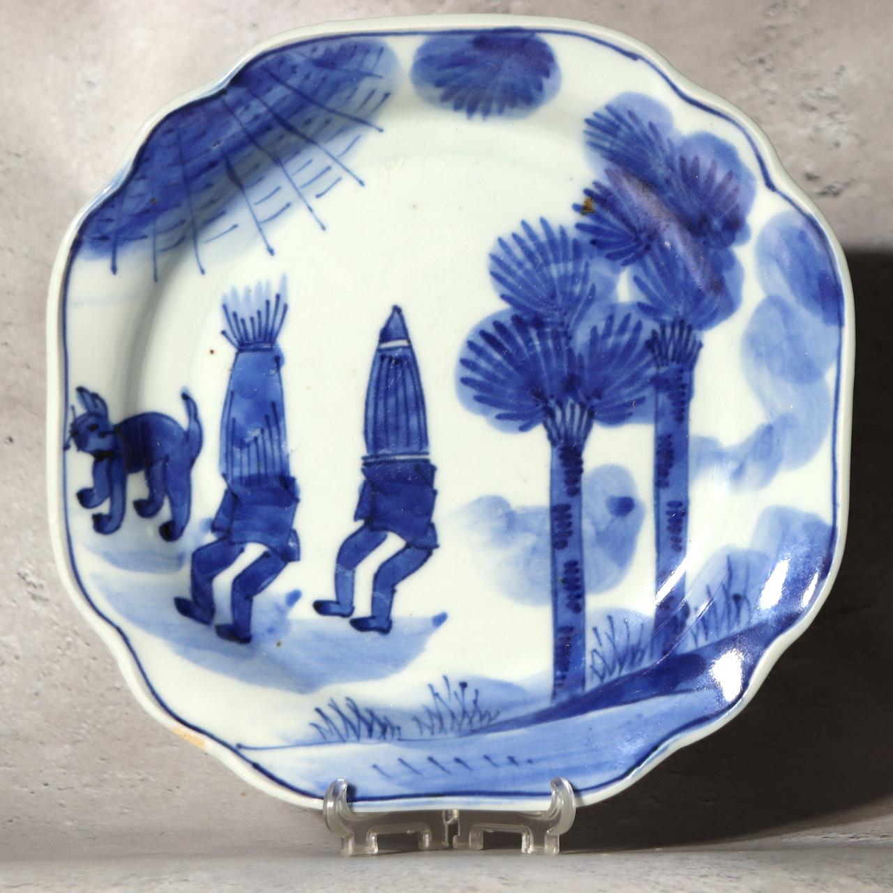 Antique Shida Imari Plate Blue White Kasedori Festival Rabbit Moon Folk Art Rare0