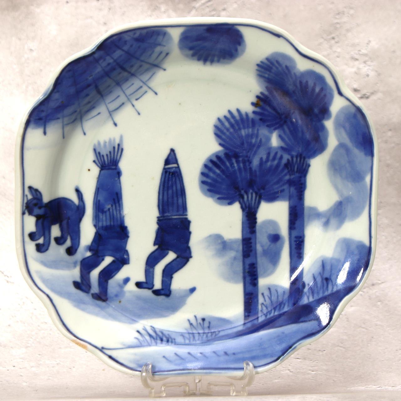 Antique Shida Imari Plate Blue White Kasedori Festival Rabbit Moon Folk Art Rare18