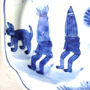 Antique Shida Imari Plate Blue White Kasedori Festival Rabbit Moon Folk Art Rare7