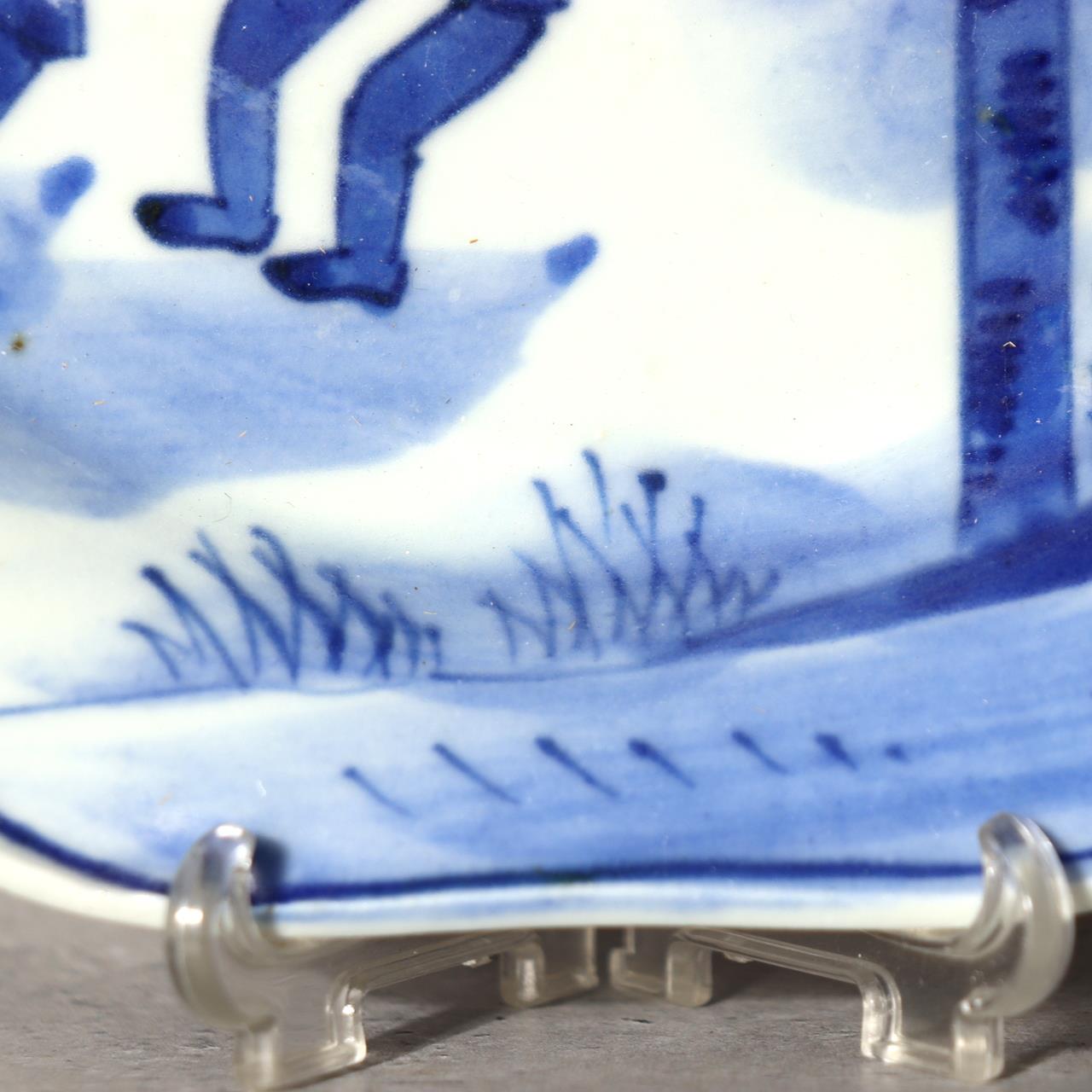 Antique Shida Imari Plate Blue White Kasedori Festival Rabbit Moon Folk Art Rare16