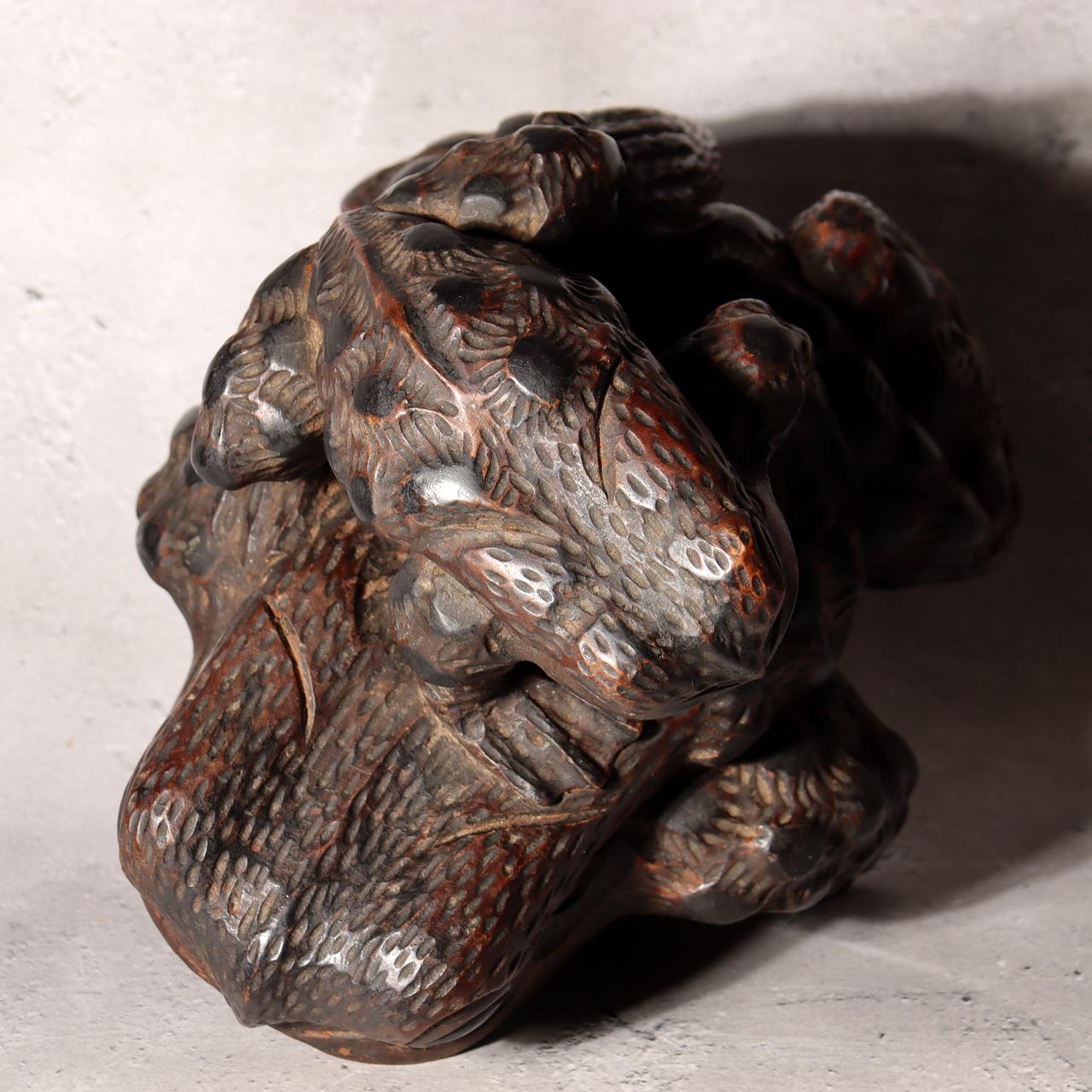 Japanese Vintage Wood Carving Toad Frog Statue Okimono Wealth Parent