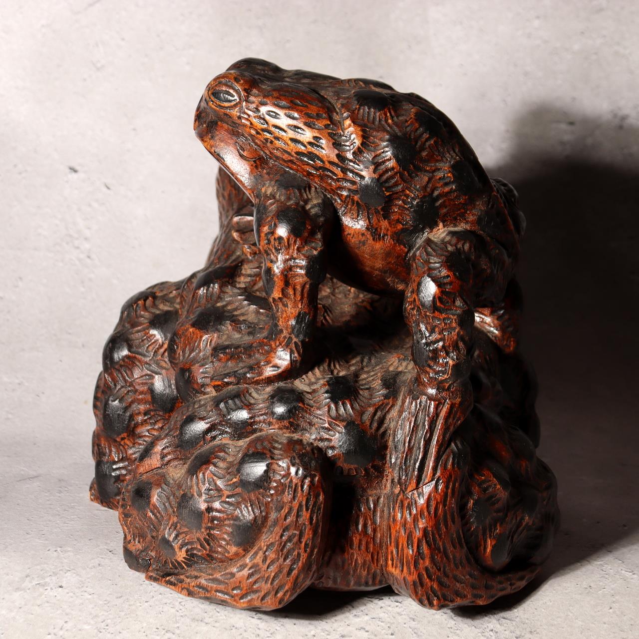 Japanese Vintage Wood Carving Toad Frog Statue Okimono Glass Eyes Wealth WO5162