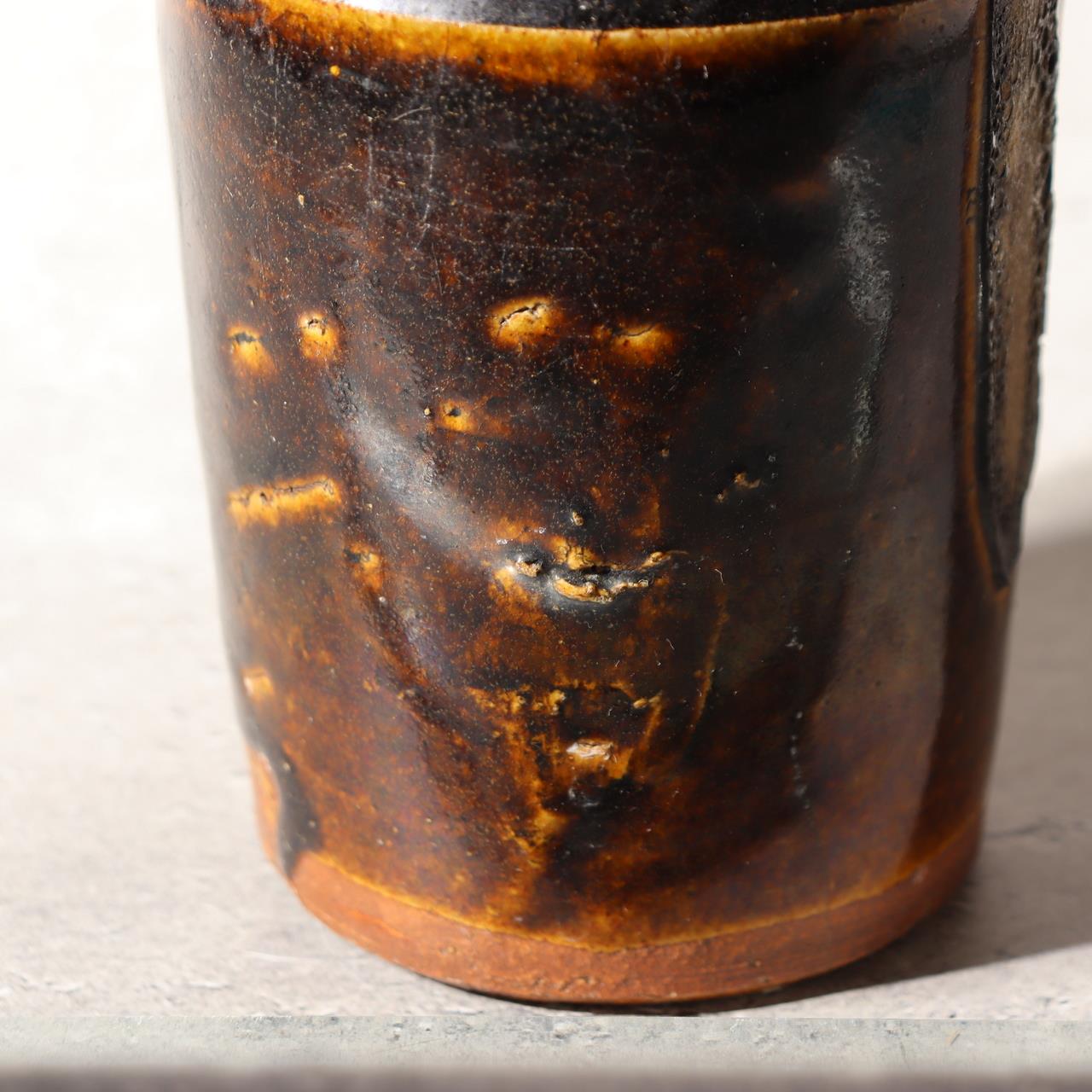 Japanese Antique Sake Bottle Tokkuri Iron Glaze Shinshu Mingei Edo Era Vase13