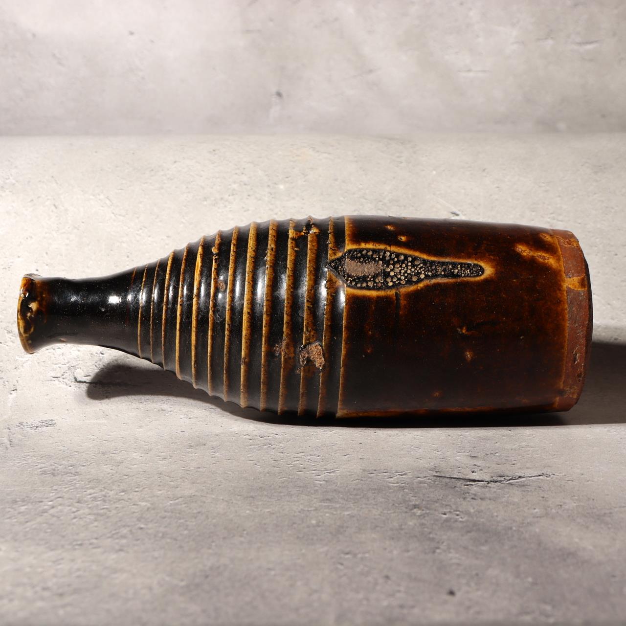 Japanese Antique Sake Bottle Tokkuri Iron Glaze Shinshu Mingei Edo Era Vase17