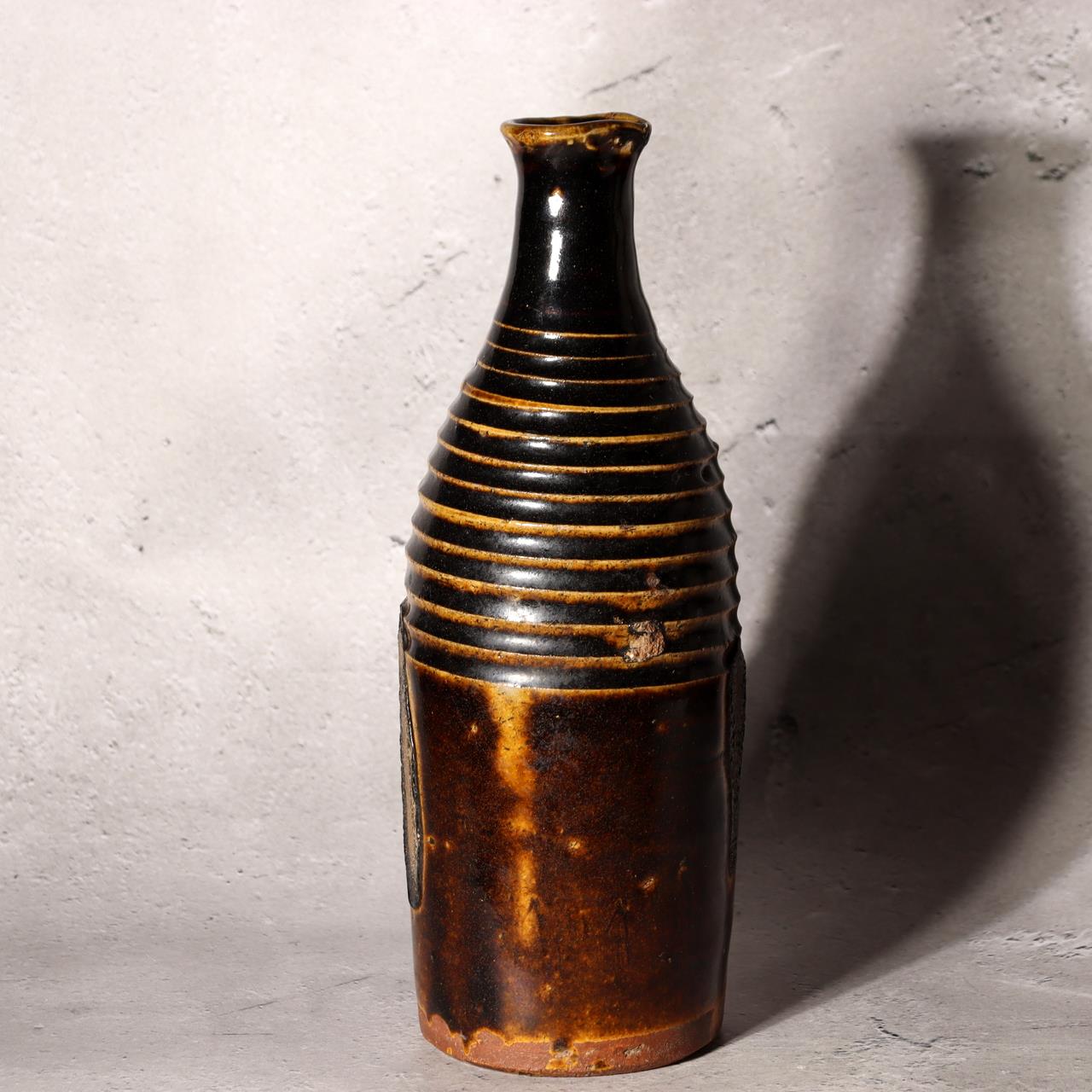 Japanese Antique Sake Bottle Tokkuri Iron Glaze Shinshu Mingei Edo Era Vase18