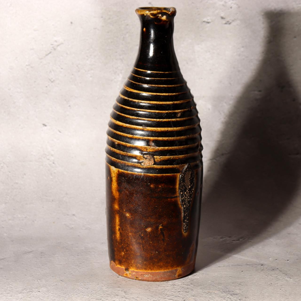 Japanese Antique Sake Bottle Tokkuri Iron Glaze Shinshu Mingei Edo Era Vase1