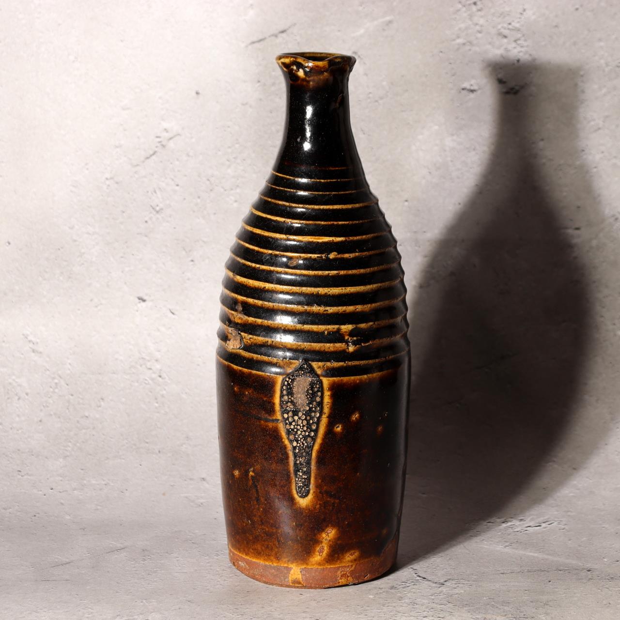 Japanese Antique Sake Bottle Tokkuri Iron Glaze Shinshu Mingei Edo Era Vase2