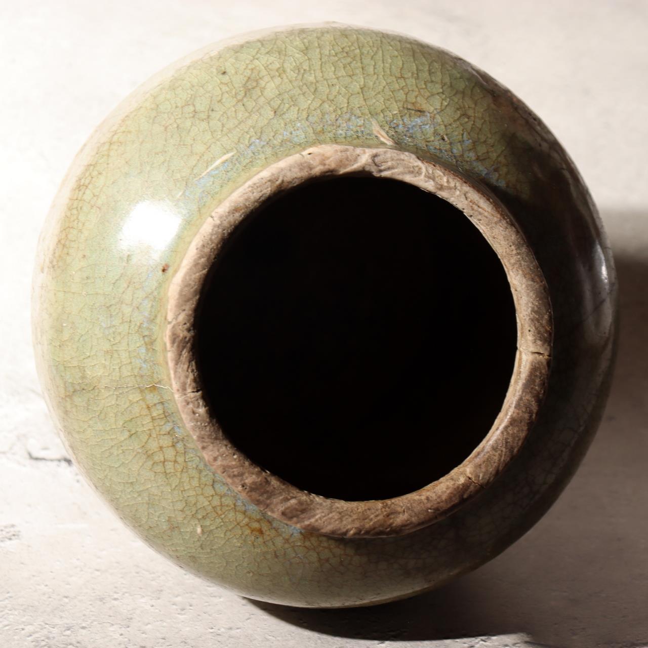 Antique Japanese Kyushu Pottery Jar Tsubo Green Ash Glaze Edo Era Wabi-sabi10