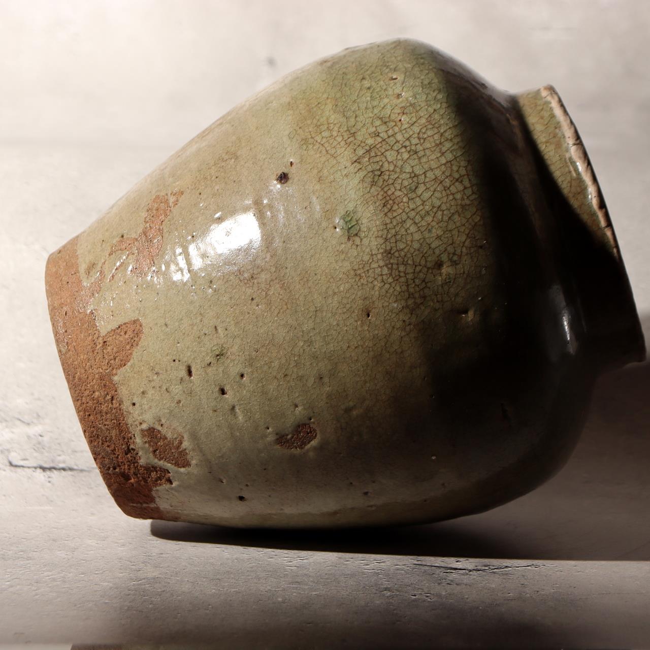 Antique Japanese Kyushu Pottery Jar Tsubo Green Ash Glaze Edo Era
