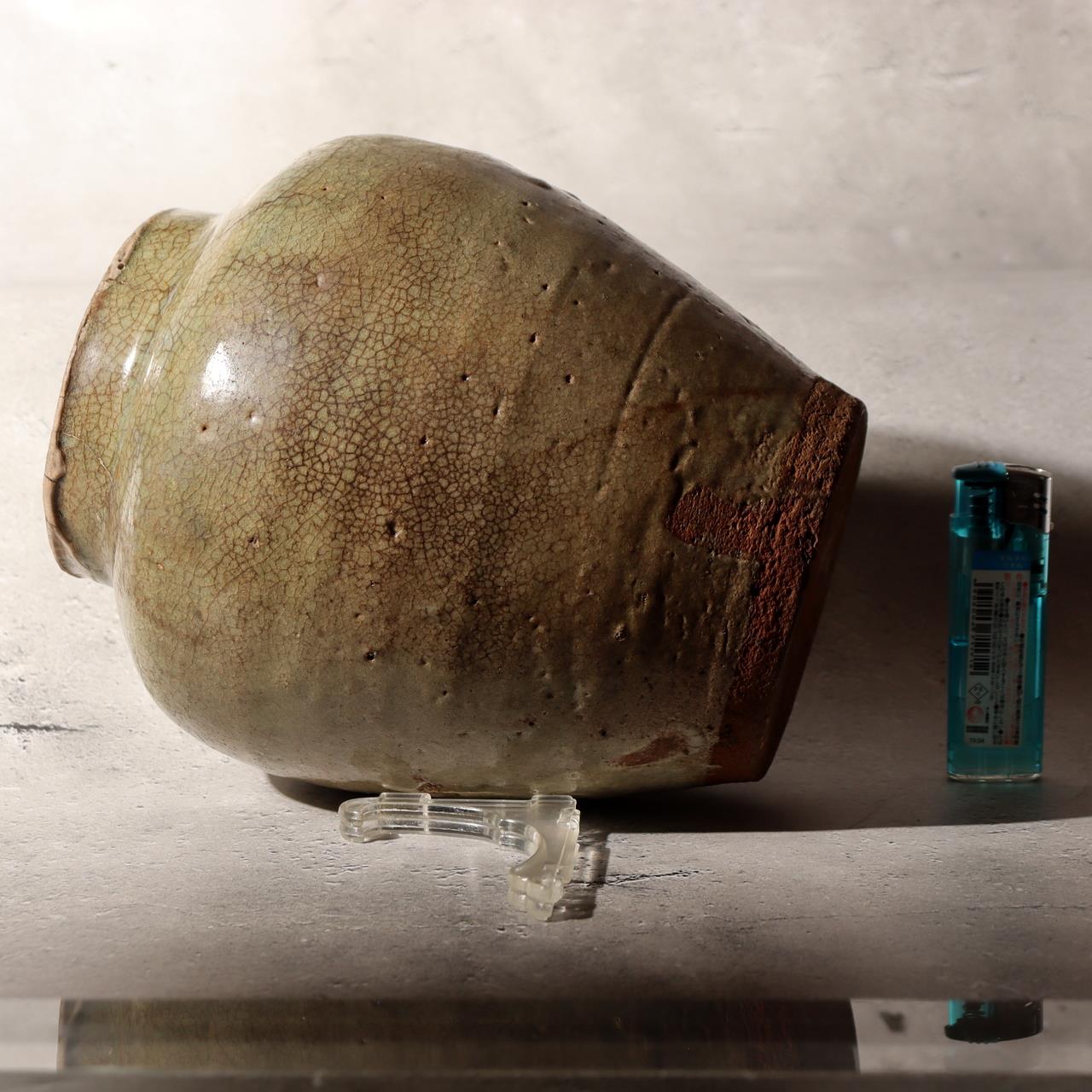 Antique Japanese Kyushu Pottery Jar Tsubo Green Ash Glaze Edo Era Wabi-sabi12