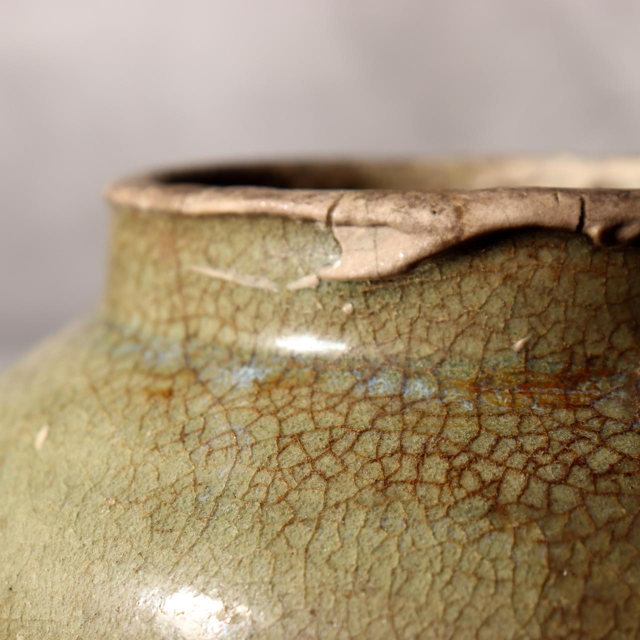 Antique Japanese Kyushu Pottery Jar Tsubo Green Ash Glaze Edo Era Wabi-sabi7