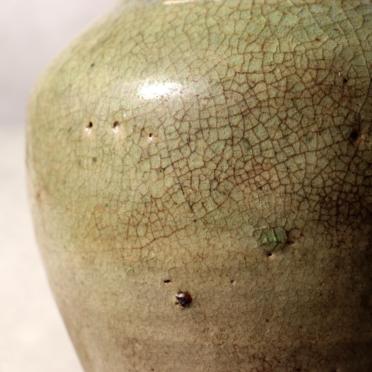 Antique Japanese Kyushu Pottery Jar Tsubo Green Ash Glaze Edo Era Wabi-sabi15