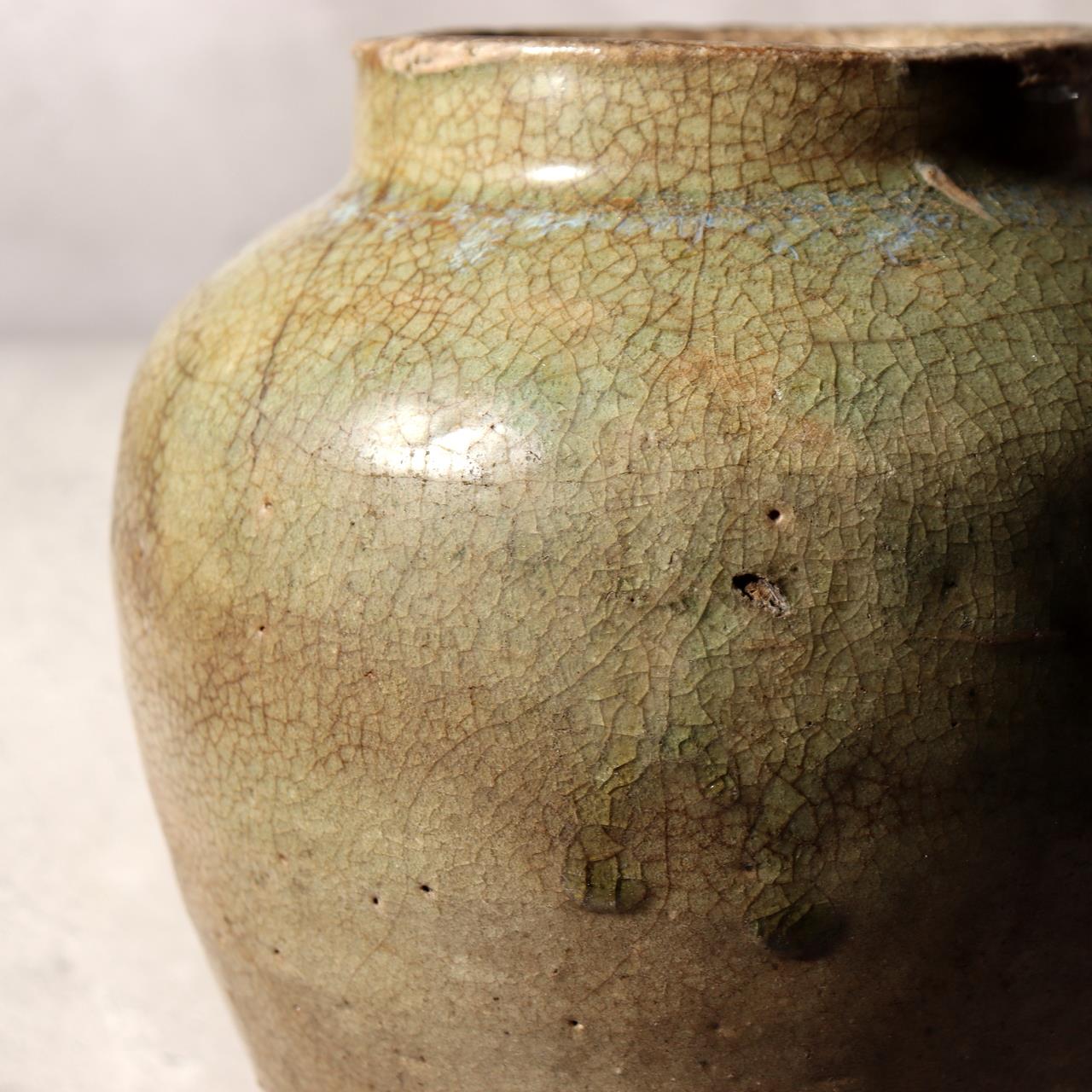 Antique Japanese Kyushu Pottery Jar Tsubo Green Ash Glaze Edo Era Wabi-sabi17