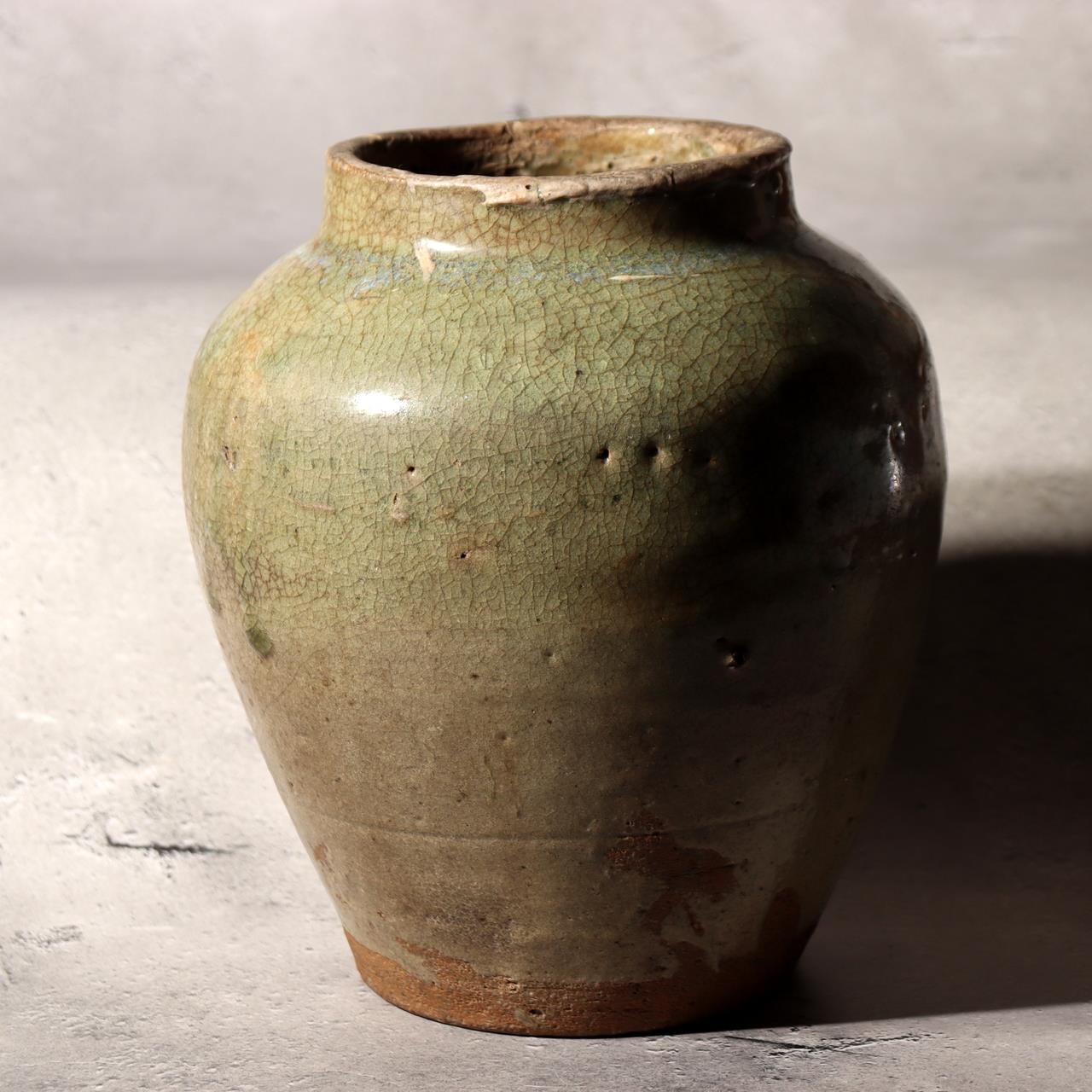 Antique Japanese Kyushu Pottery Jar Tsubo Green Ash Glaze Edo Era Wabi-sabi2
