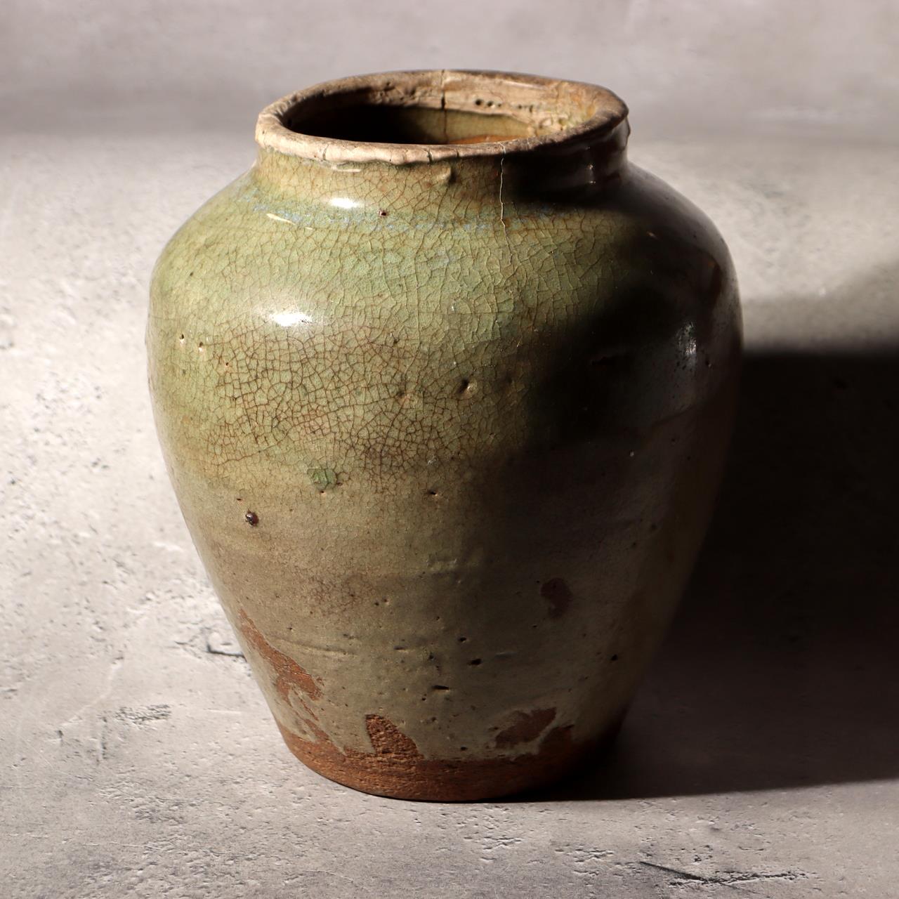 Antique Japanese Kyushu Pottery Jar Tsubo Green Ash Glaze Edo Era Wabi-sabi1