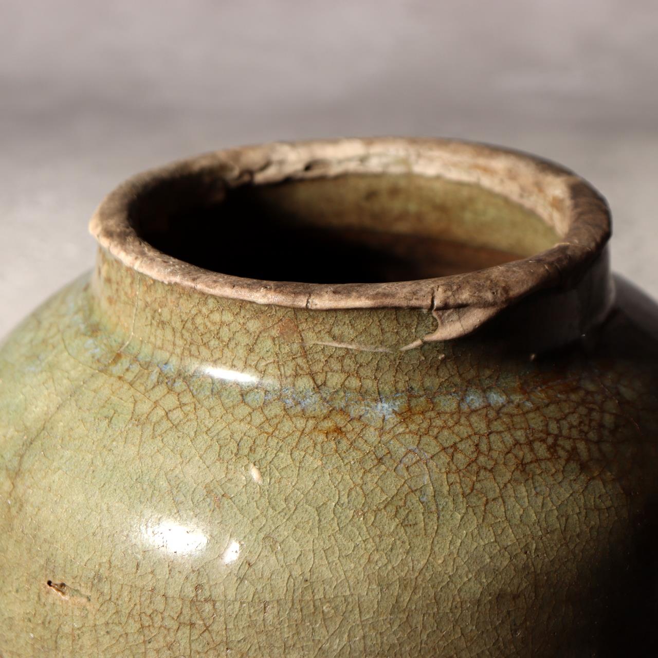 Antique Japanese Kyushu Pottery Jar Tsubo Green Ash Glaze Edo Era Wabi-sabi4