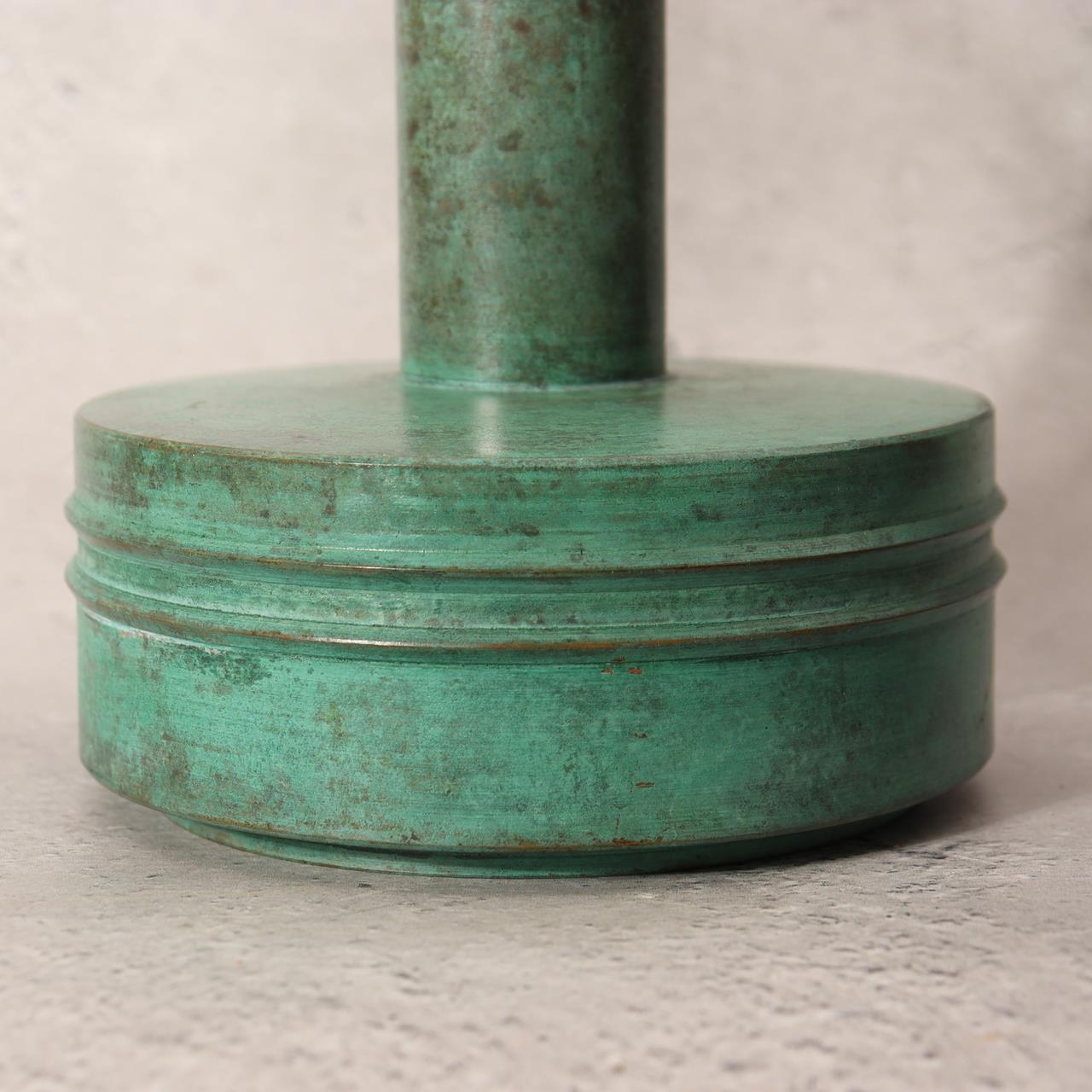 Japanese Bronze Flower Vase Orihara Kyuzaemon Green Patina Modern Ikebana Box9