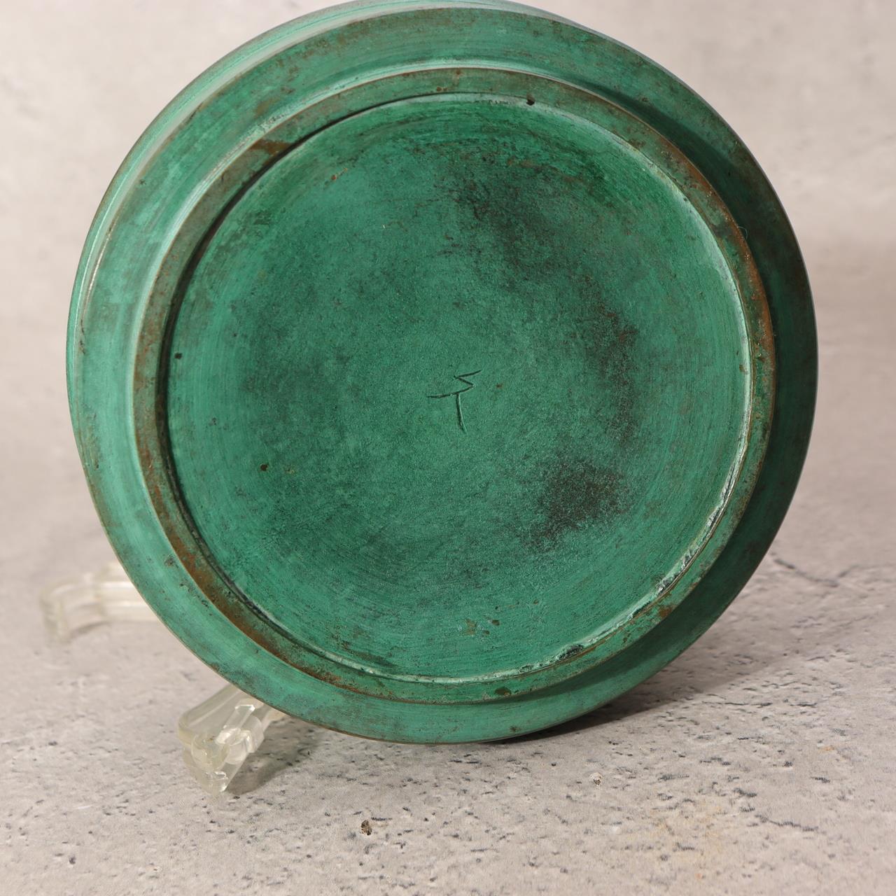 Japanese Bronze Flower Vase Orihara Kyuzaemon Green Patina Modern Ikebana Box7