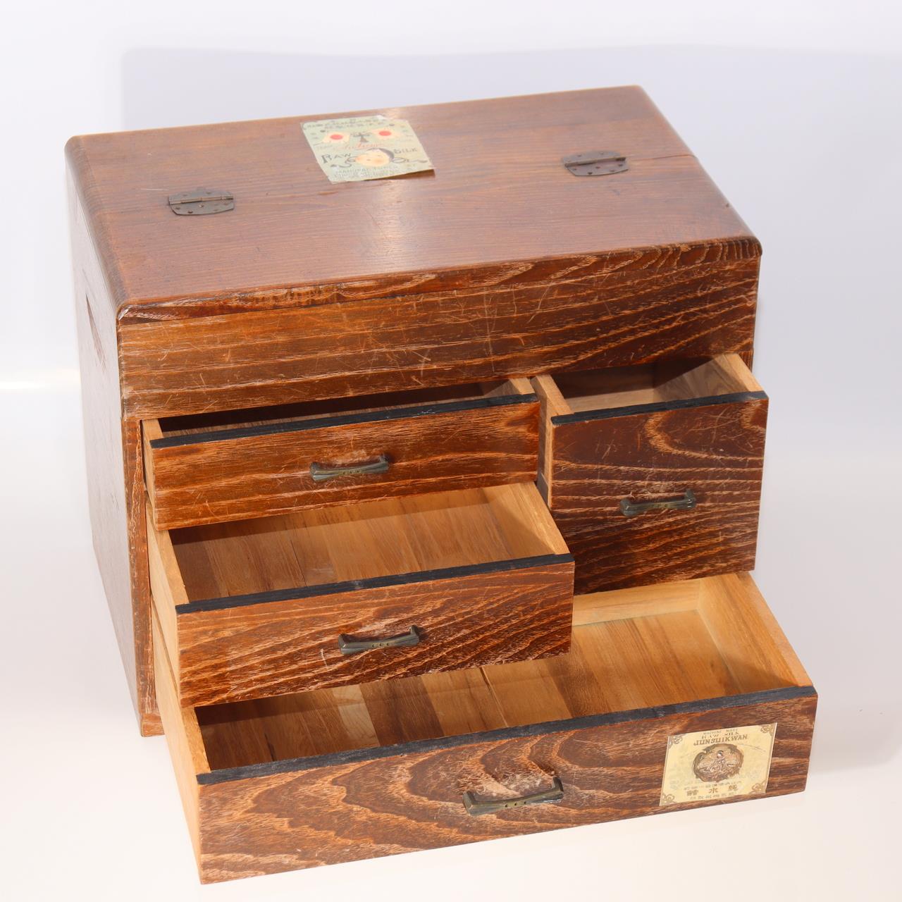Japanese Vintage Wooden Sewing Box Haribako Tansu Chest Drawers Silk Label1