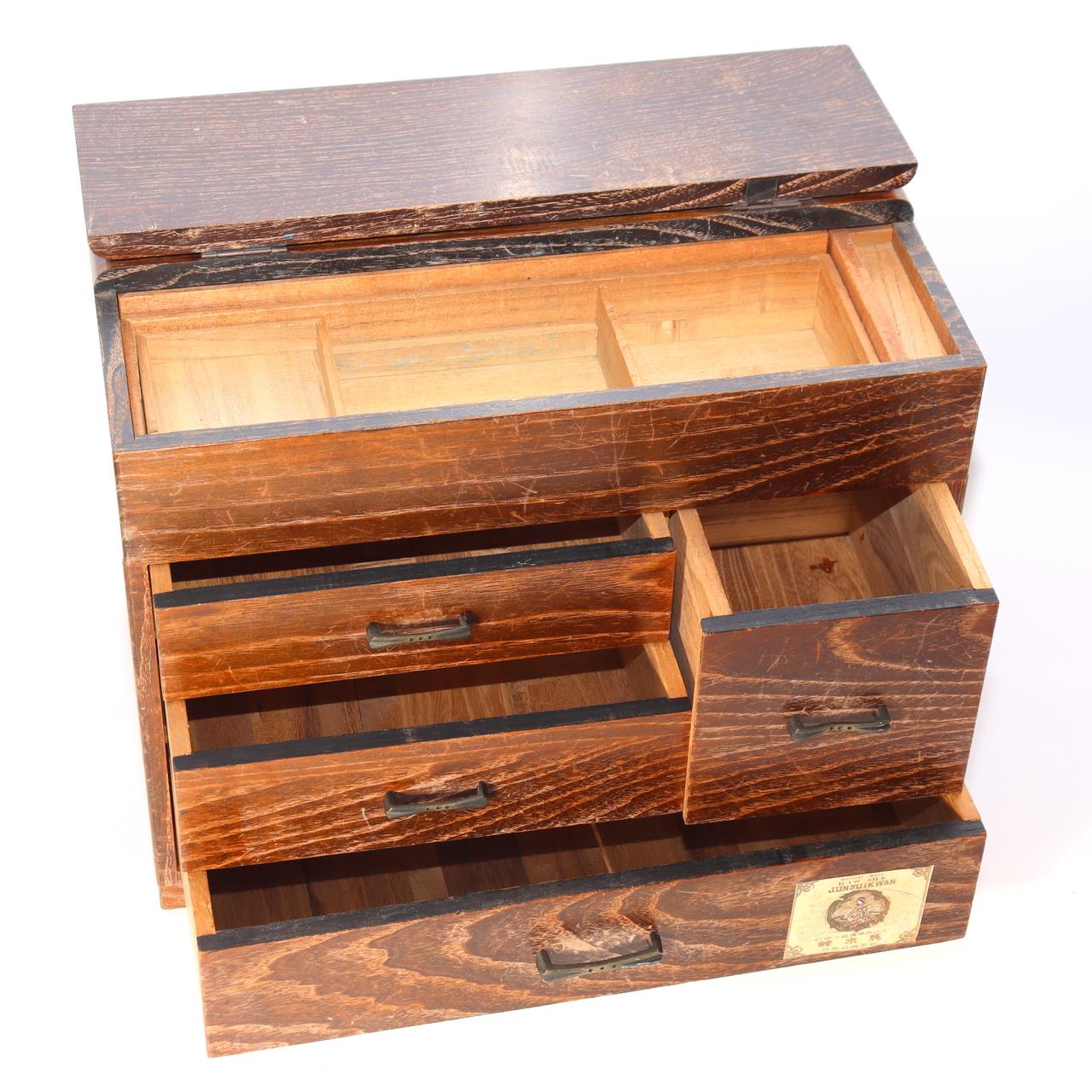 Japanese Vintage Wooden Sewing Box Haribako Tansu Chest Drawers Silk Label2