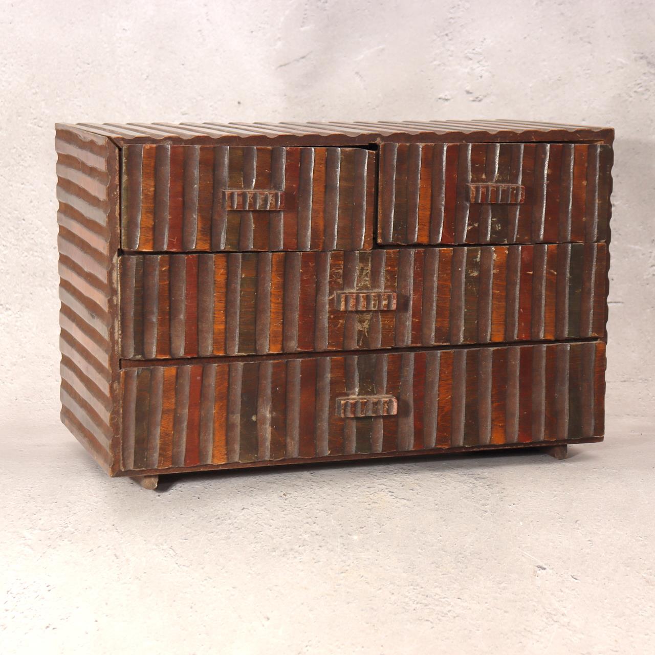Japanese Vintage Small Chest Tansu Ribbed Carved Wood Colorful Stripes WO5210