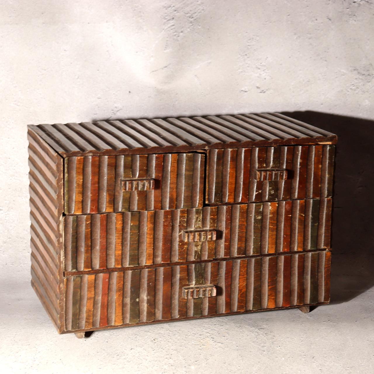 Japanese Vintage Small Chest Tansu Ribbed Carved Wood Colorful Stripes WO5211