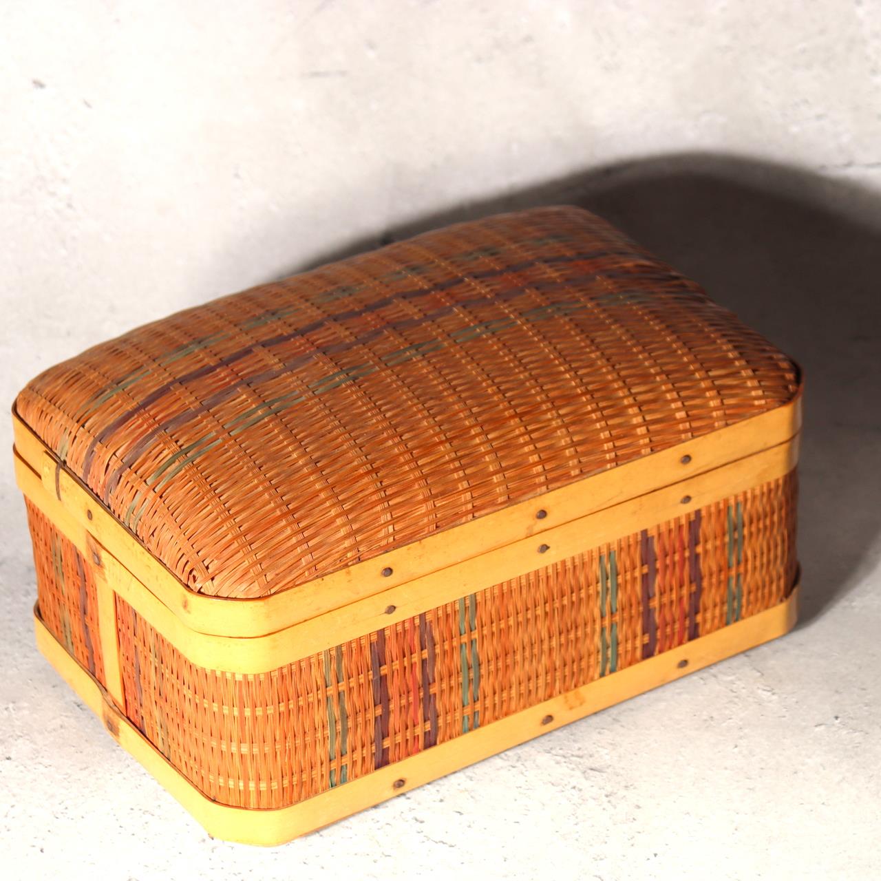 Japanese Vintage Bamboo Basket Box Woven Colorful Stripes Sewing Storage WO5200