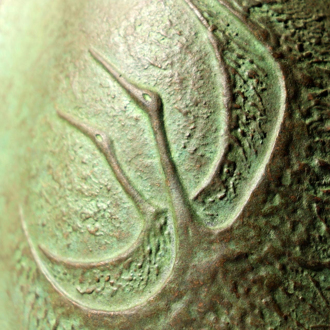 Japanese Vintage Bronze Flower Vase Ikebana Crane Bird Green Patina 18.5cm BV71610