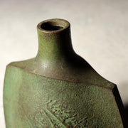 Japanese Vintage Bronze Flower Vase Ikebana Crane Bird Green Patina 18.5cm BV7169