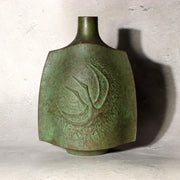 Japanese Vintage Bronze Flower Vase Ikebana Crane Bird Green Patina 18.5cm BV7165