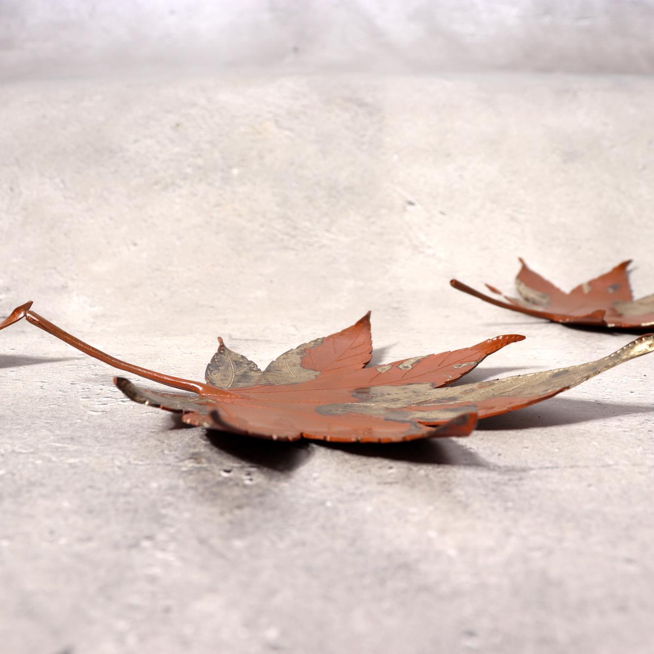 Japanese Vintage Copper Plate Saucer Set 5 Maple Leaf Momiji Signed Takaoka14