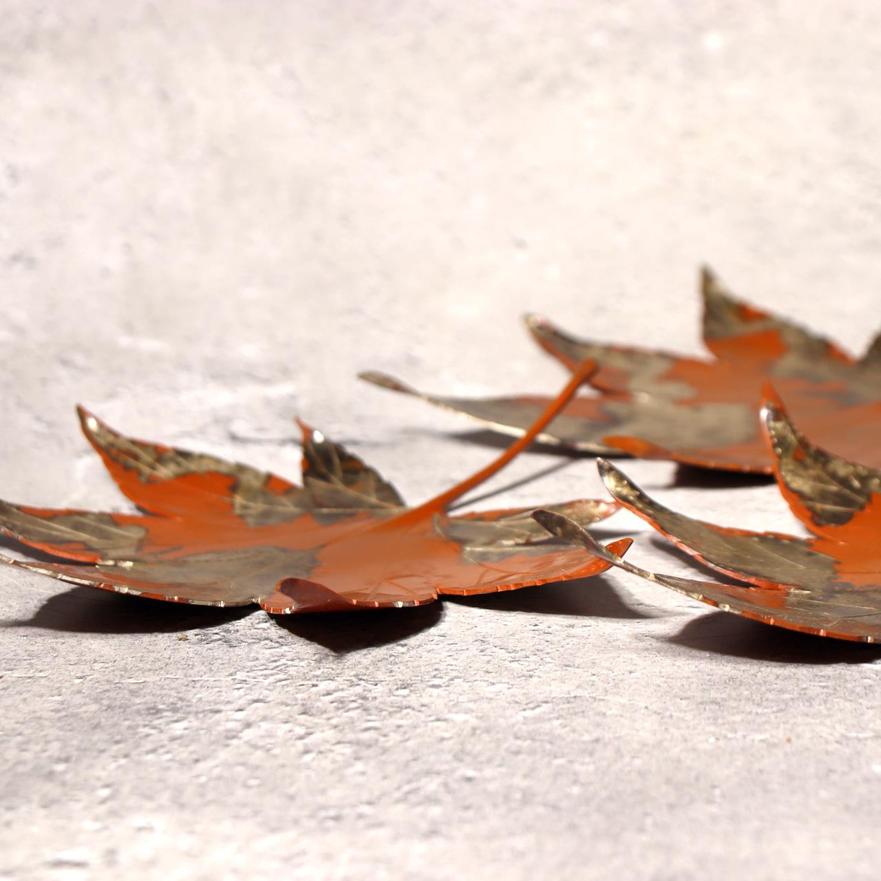 Japanese Vintage Copper Plate Saucer Set 5 Maple Leaf Momiji Signed Takaoka16