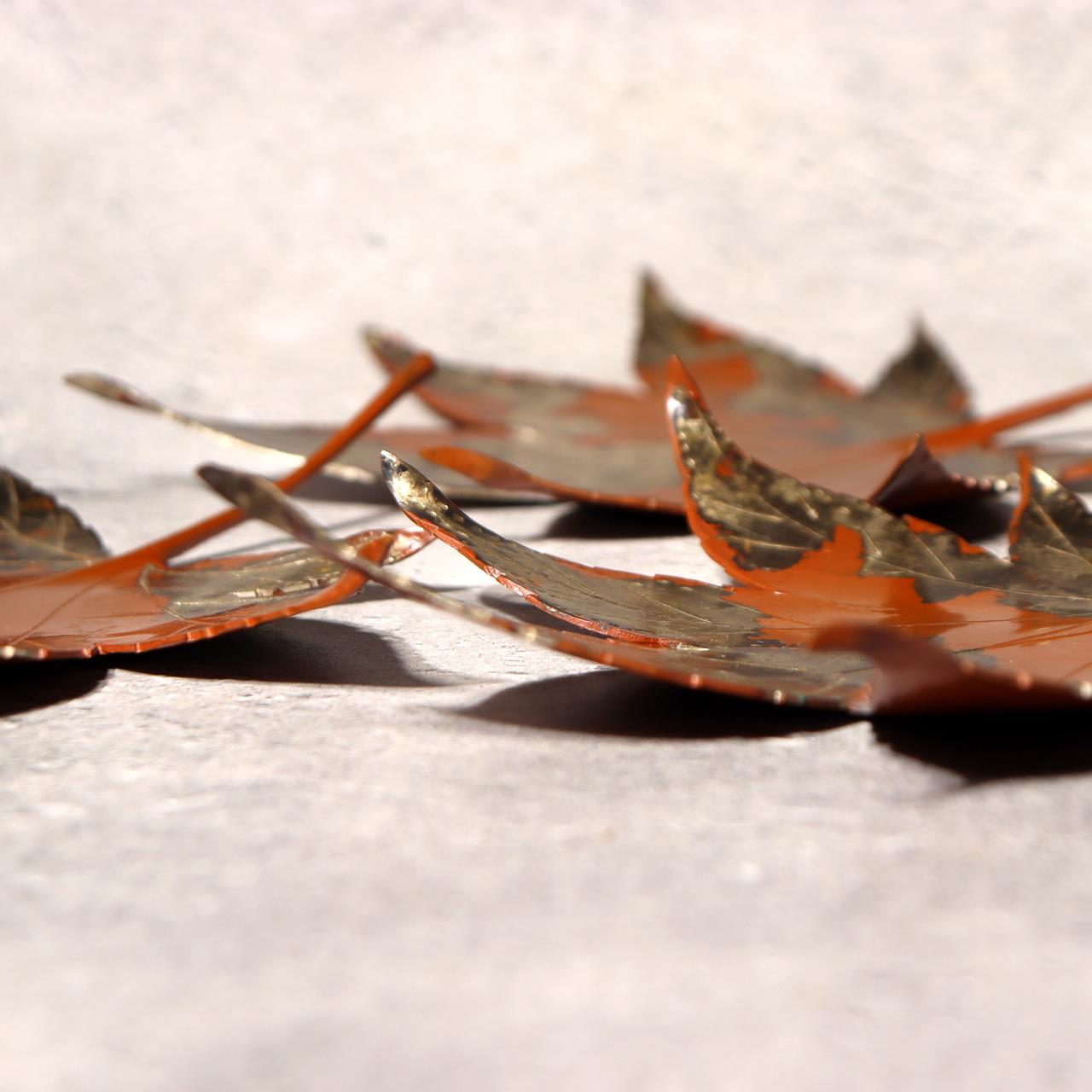 Japanese Vintage Copper Plate Saucer Set 5 Maple Leaf Momiji Signed Takaoka17