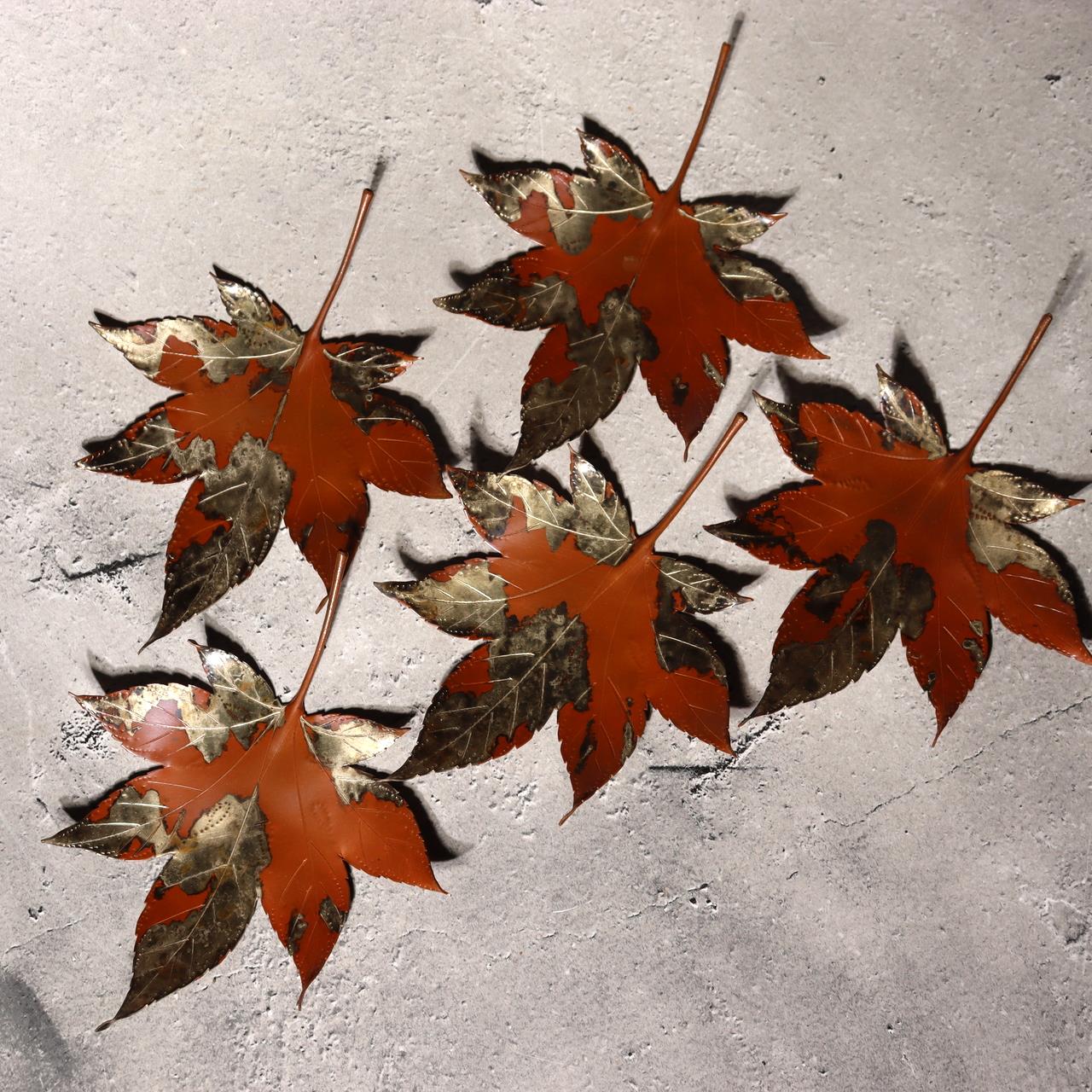 Japanese Vintage Copper Plate Saucer Set 5 Maple Leaf Momiji Signed Takaoka1