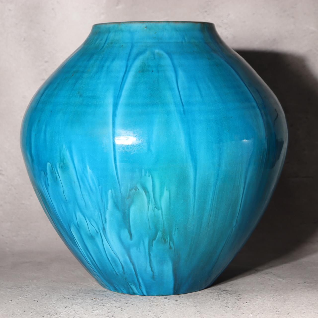 Japanese Kiyomizu Ware Flower Vase Turquoise Blue Fujihira Masafumi Signed PV3029