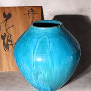Japanese Kiyomizu Ware Flower Vase Turquoise Blue Fujihira Masafumi Signed PV3027