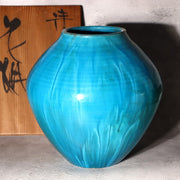 Japanese Kiyomizu Ware Flower Vase Turquoise Blue Fujihira Masafumi Signed PV3020