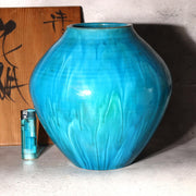 Japanese Kiyomizu Ware Flower Vase Turquoise Blue Fujihira Masafumi Signed PV3025