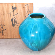 Japanese Kiyomizu Ware Flower Vase Turquoise Blue Fujihira Masafumi Signed PV3026