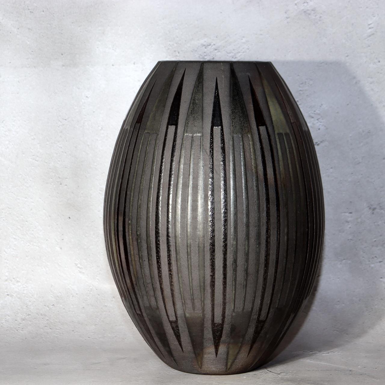 Japanese Otani Ware Flower Vase Ibushi Smoked Pottery Yano Kanichi Modern 28cm0