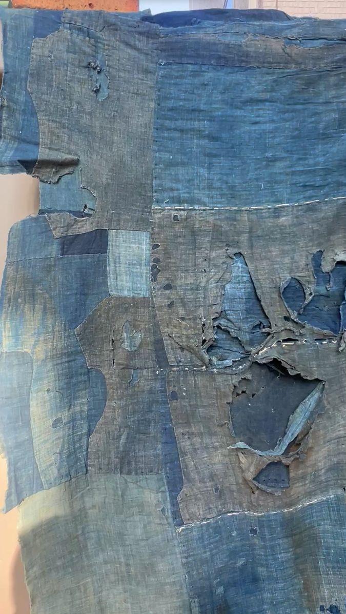 Authentic Japanese Antique BORO Indigo Patchwork Textile Moon Motifs Folk Cloth13