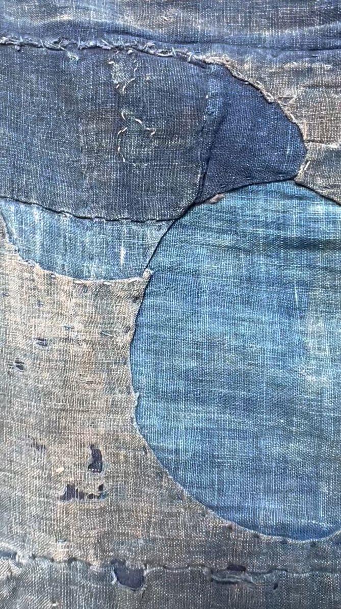 Authentic Japanese Antique BORO Indigo Patchwork Textile Moon Motifs Folk Cloth22