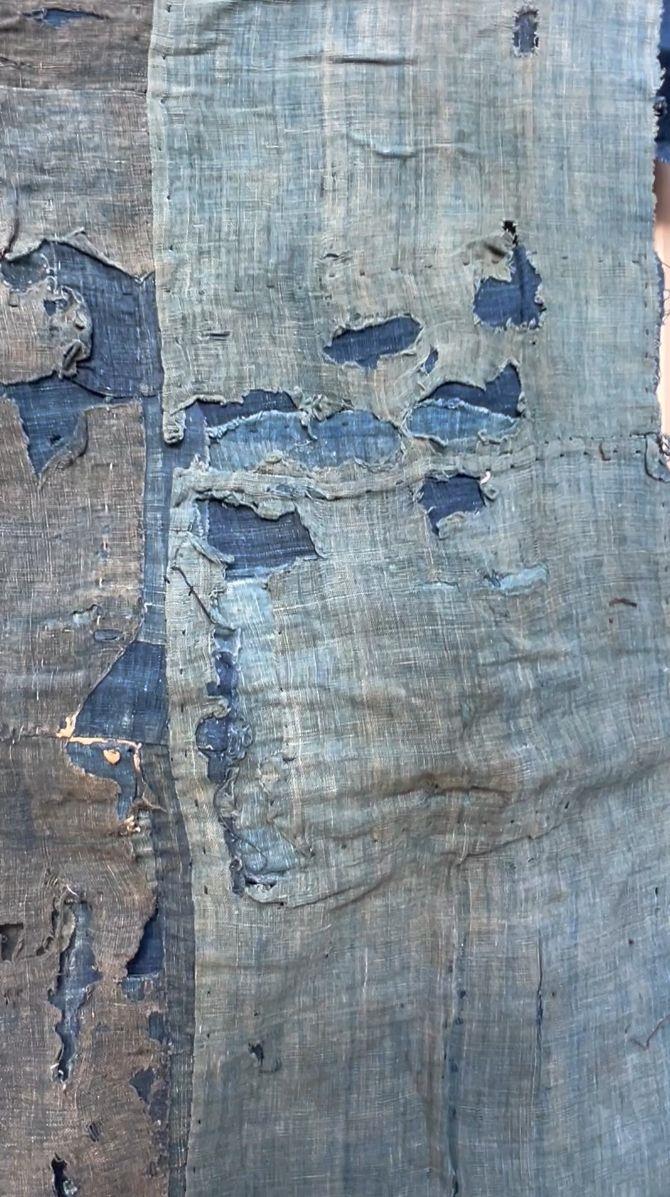 Authentic Japanese Antique BORO Indigo Patchwork Textile Moon Motifs Folk Cloth20
