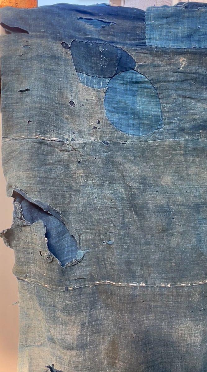 Authentic Japanese Antique BORO Indigo Patchwork Textile Moon Motifs Folk Cloth11