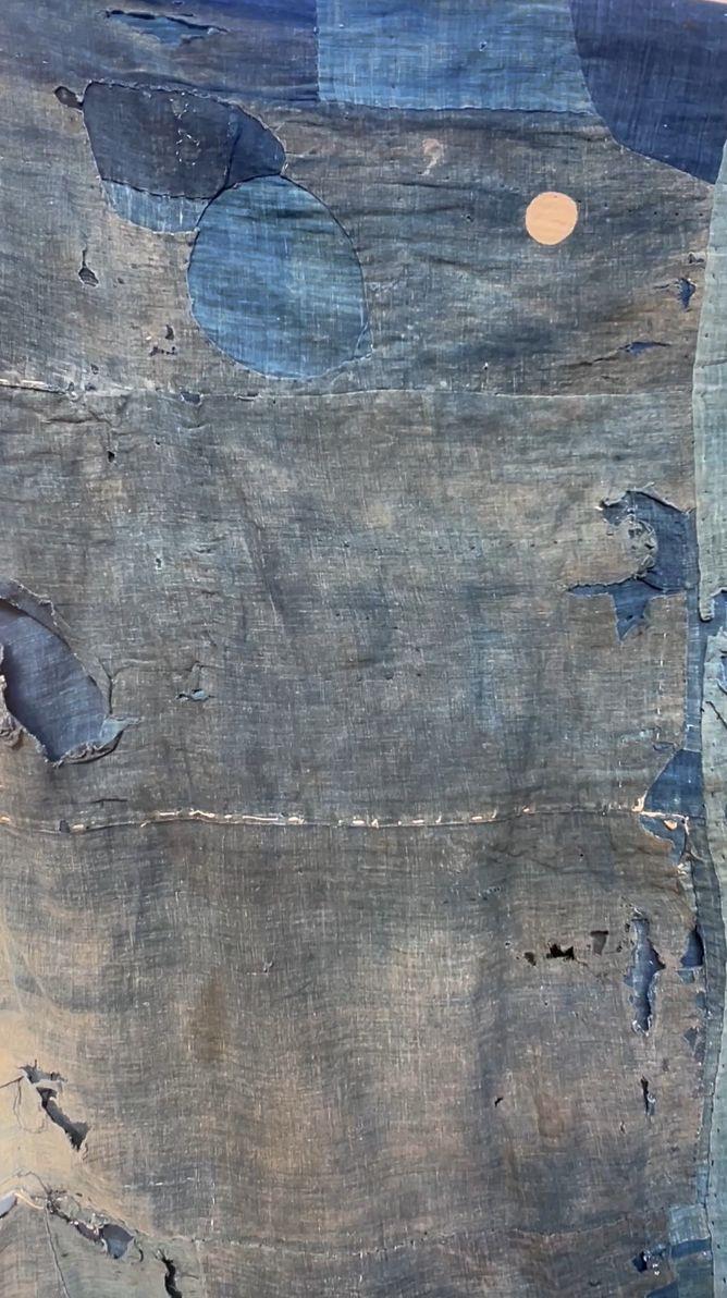 Authentic Japanese Antique BORO Indigo Patchwork Textile Moon Motifs Folk Cloth10
