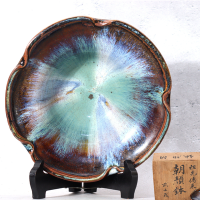 Japanese Antique Ceramic Bowl Wooden Box Kyushu-style Kiln-Effect Glaze Bowl0