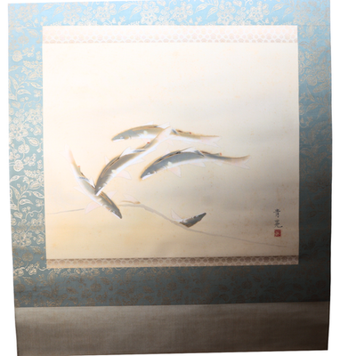 Japanese Silk Hanging Scroll Painting Ayu Sweetfish Seiko Tanoguchi Tomobako2