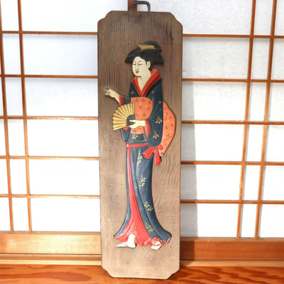 Japanese Antique Wooden Relief Panel — Geisha / Oiran Beauty with Fan Kanban0