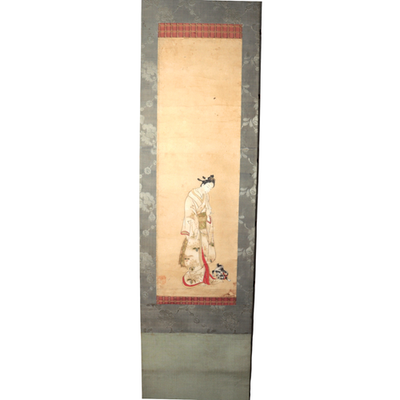 Edo Antique Paper Hanging Scroll Bijinga Hand Painted Woman Cat ASO4485