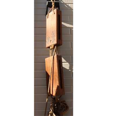 Antique Japanese Wooden Pulley Block Tackle Rope Iron Hook Rustic WO53815